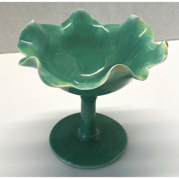 Free Form Opalescent Green Ruffled Edge Pedestal Trinket Bowl Dessert Dish - Picture 8 of 10